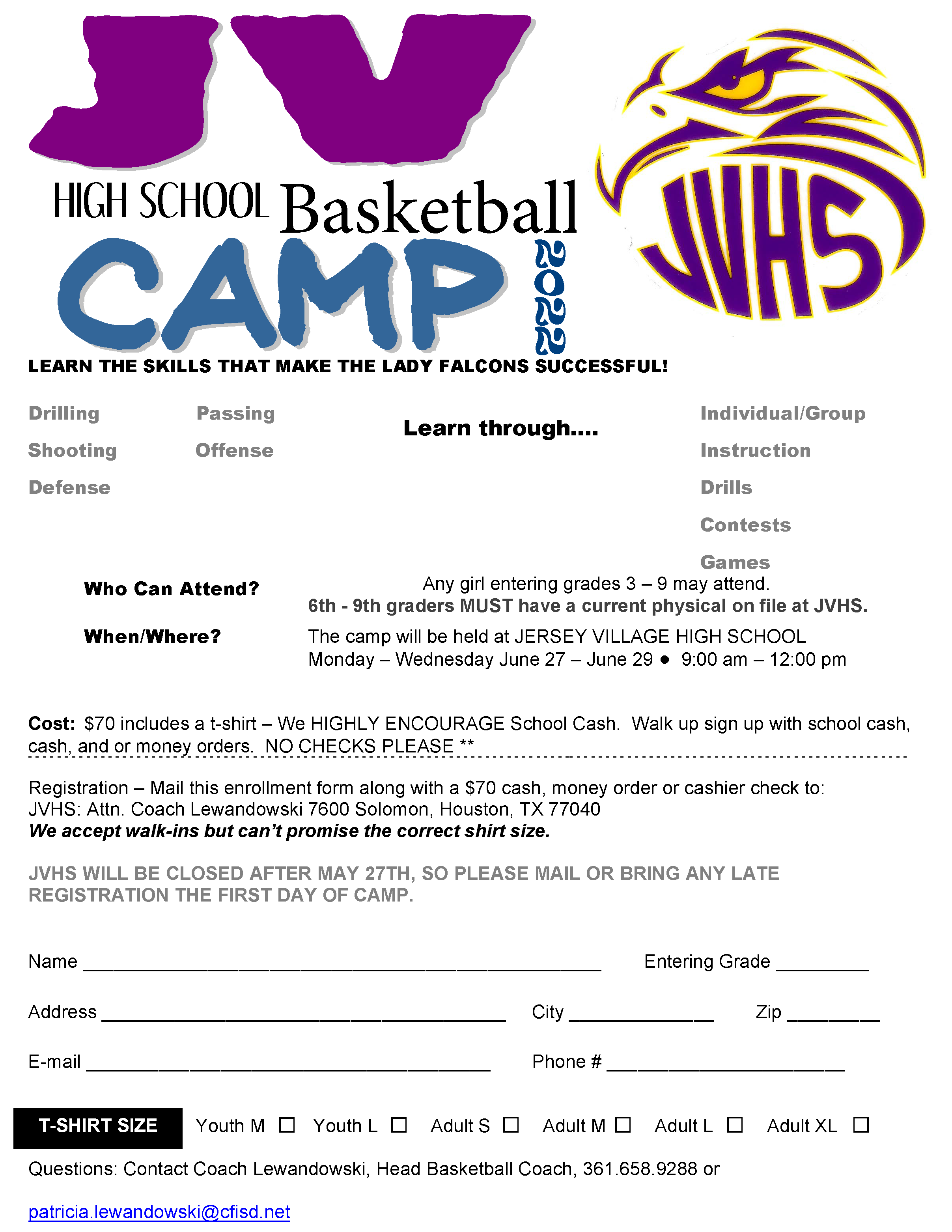 JVHS Girls Basketball Camp is on June 27-29 9am-12pm